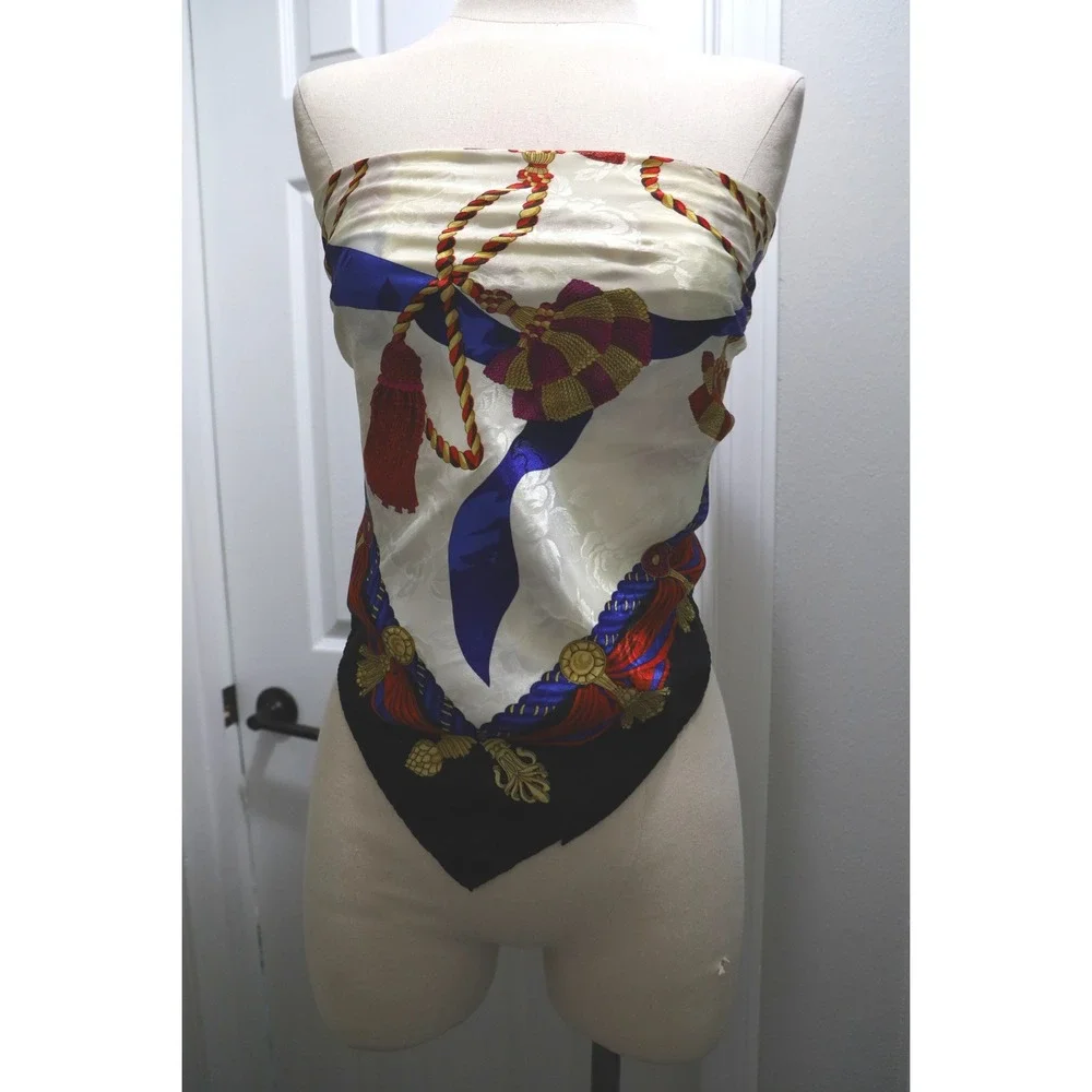 Liz Claiborne‎ Accessories Square Scarf Tassel Rope Print Cream Black Red Blue